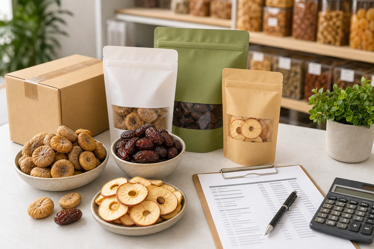 Wholesale dried fruit assortment with retail pouches, cartons, and cost planning tools