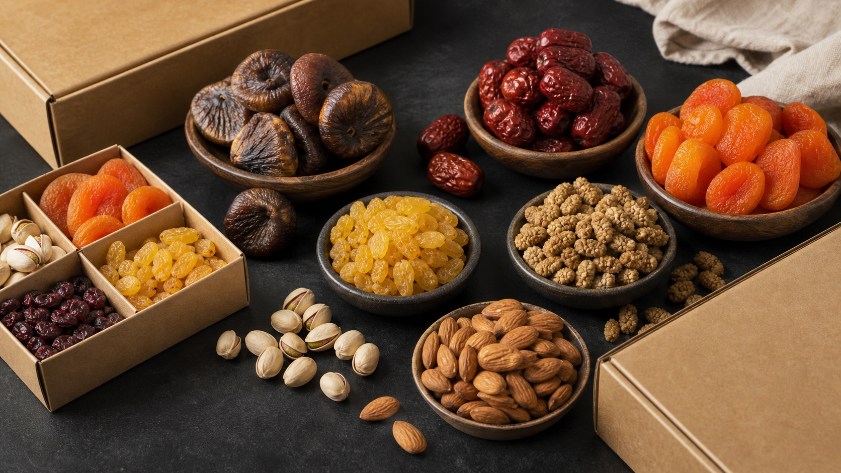 Assorted wholesale dried fruits arranged to compare color, size, and moisture appearance before ordering