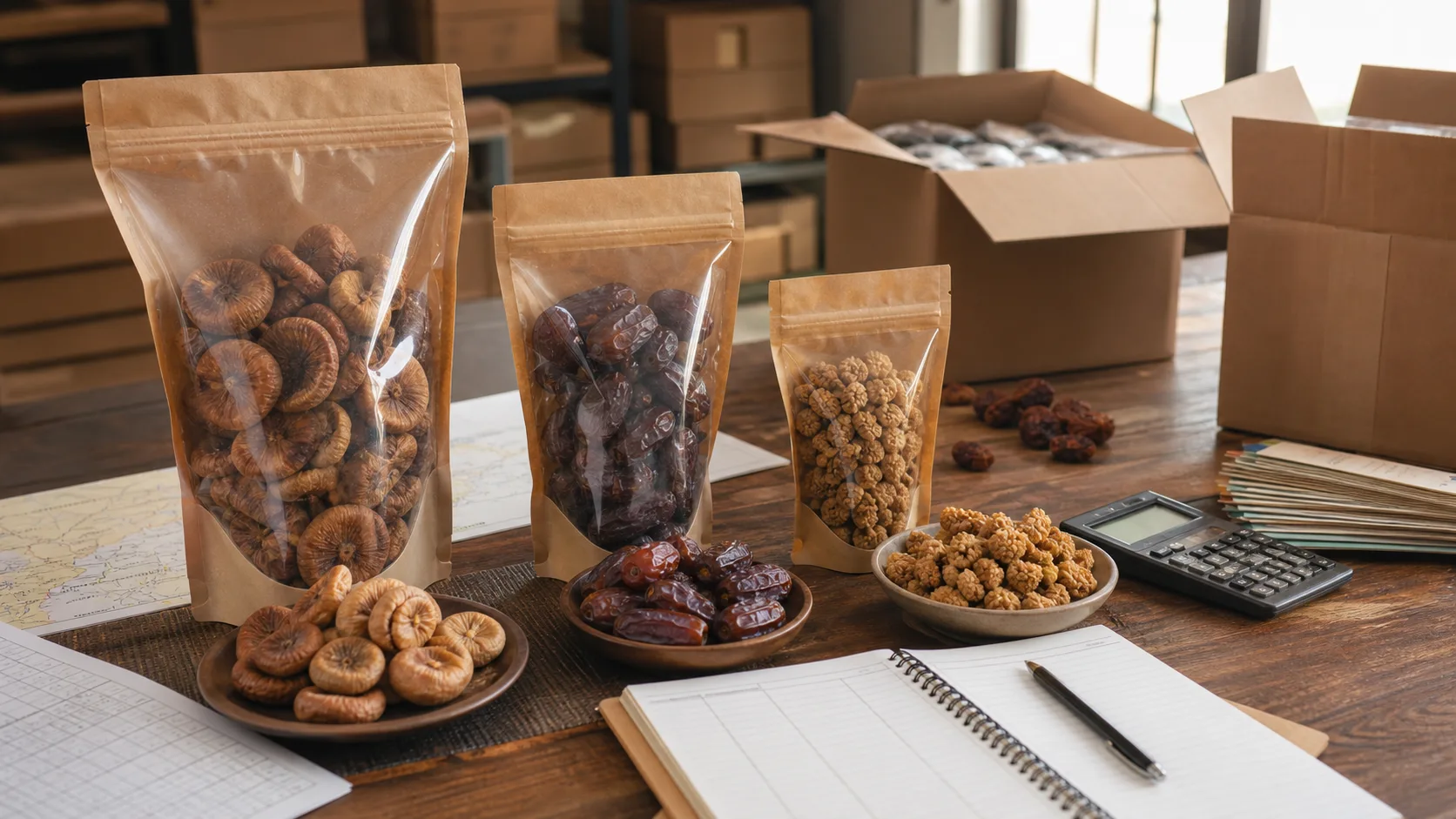Buyer comparing dried fruit samples, cartons, and multilingual labels before export
