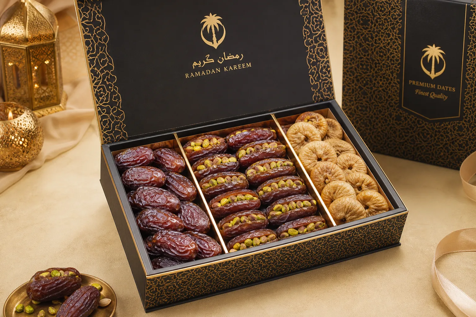 Wholesale Ramadan and Eid dried fruit gift boxes displayed with Medjool dates, nuts, and elegant Arabic-English packaging