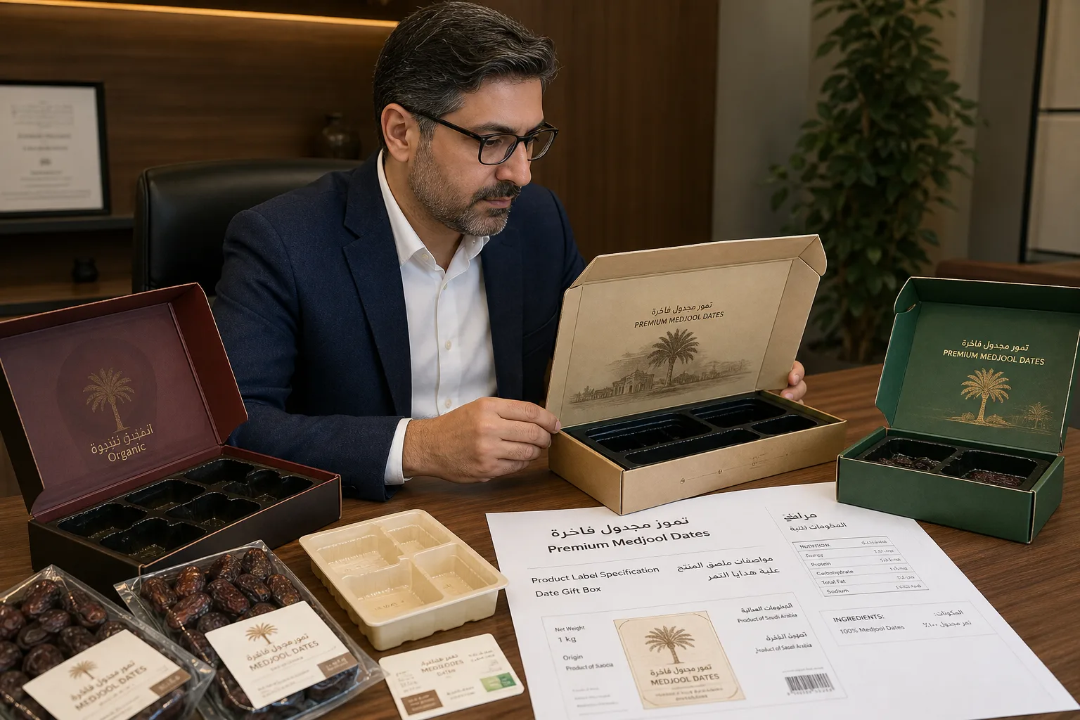 Buyer inspecting sample Ramadan date gift boxes, inner tray packaging, and bilingual labels before placing bulk wholesale order