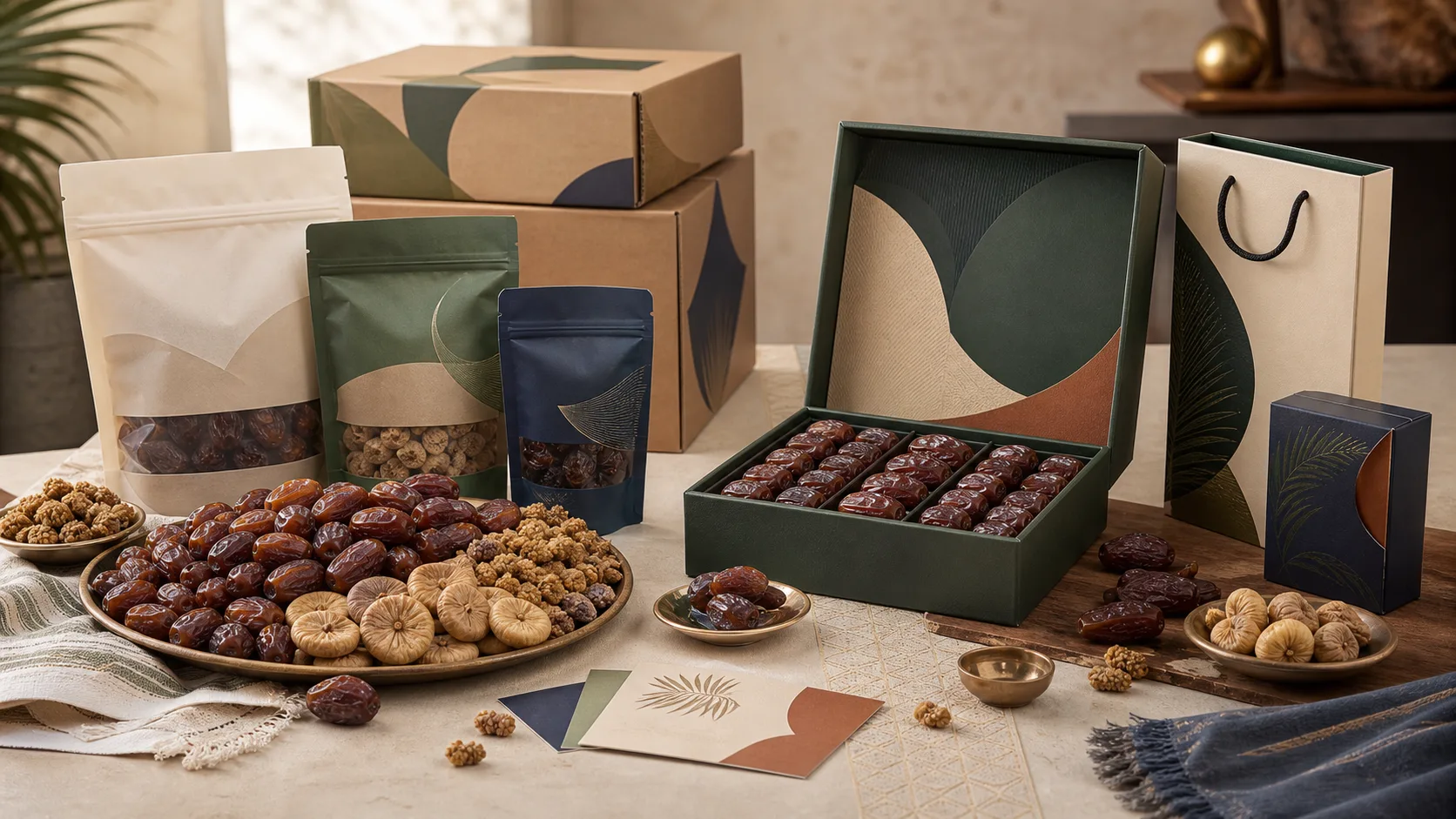 Editorial photograph comparing everyday and premium dried fruit wholesale packaging for Saudi Arabia and the UAE