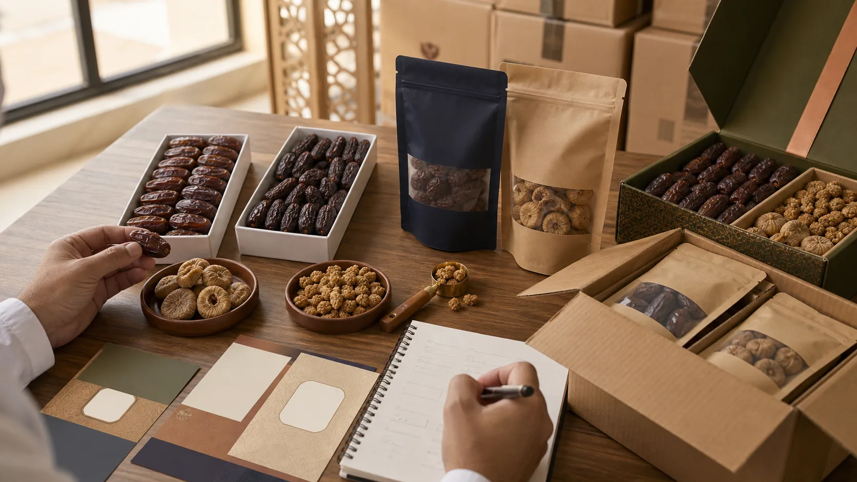 Wholesale buyer comparing dried fruit samples, retail pouches, gift packaging, and export cartons for Gulf markets