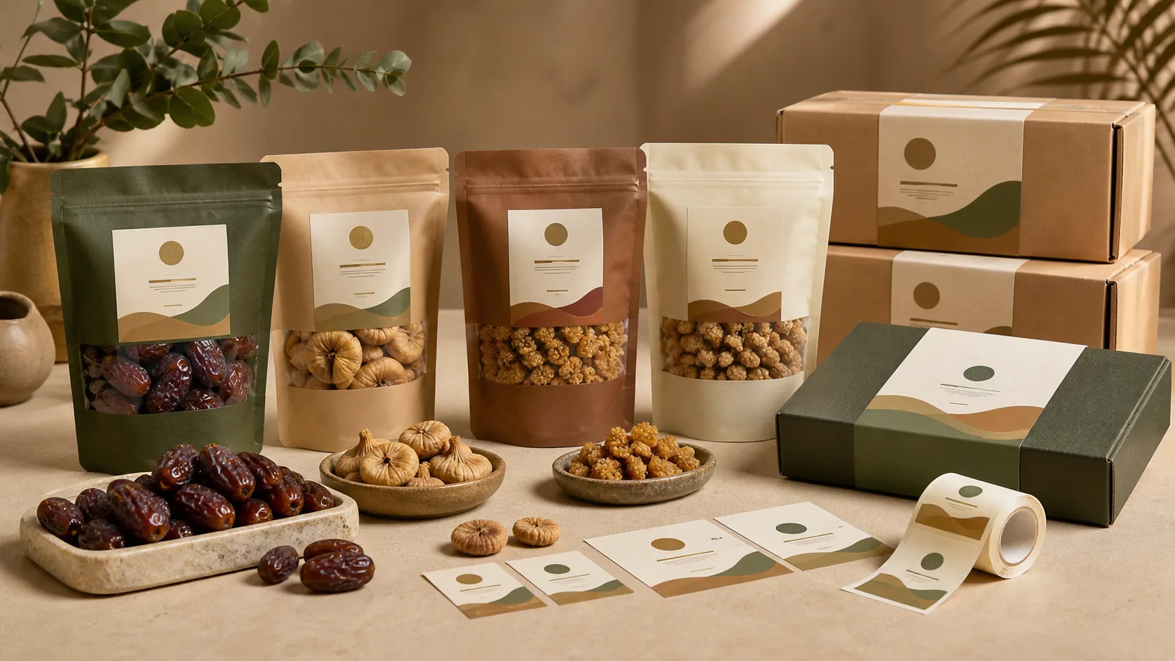 UAE-ready dried fruit pouches, date gift boxes, and Arabic-English packaging mockups for wholesale buyers