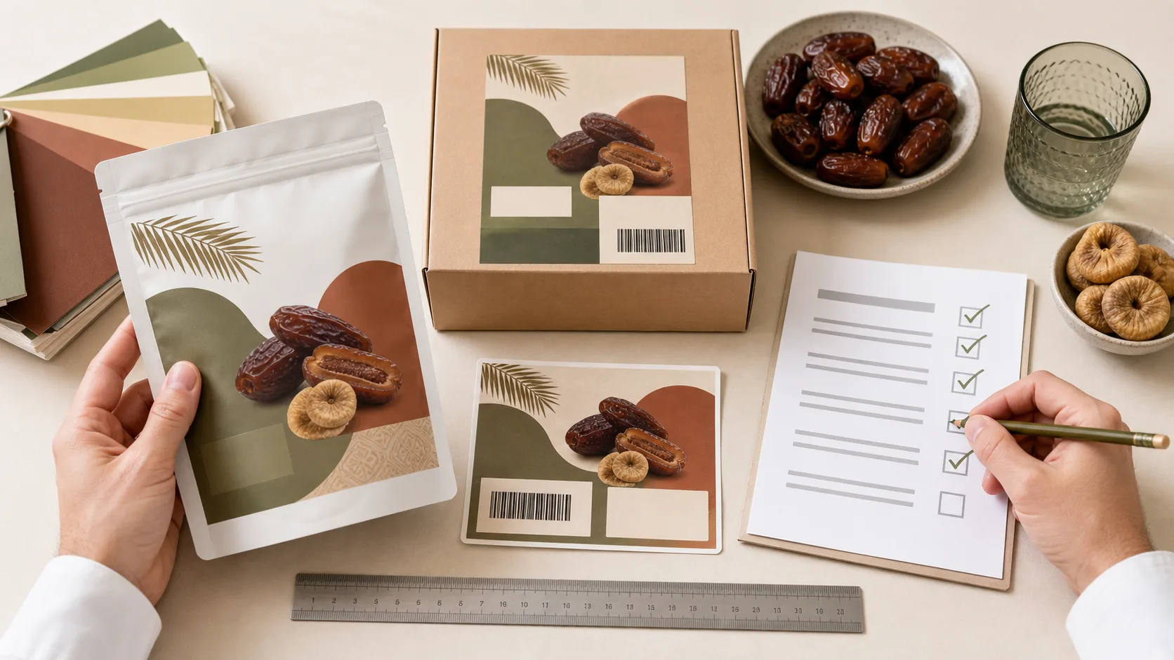 Buyer reviewing Arabic-English dried fruit packaging proofs, carton labels, barcode area, and product checklist