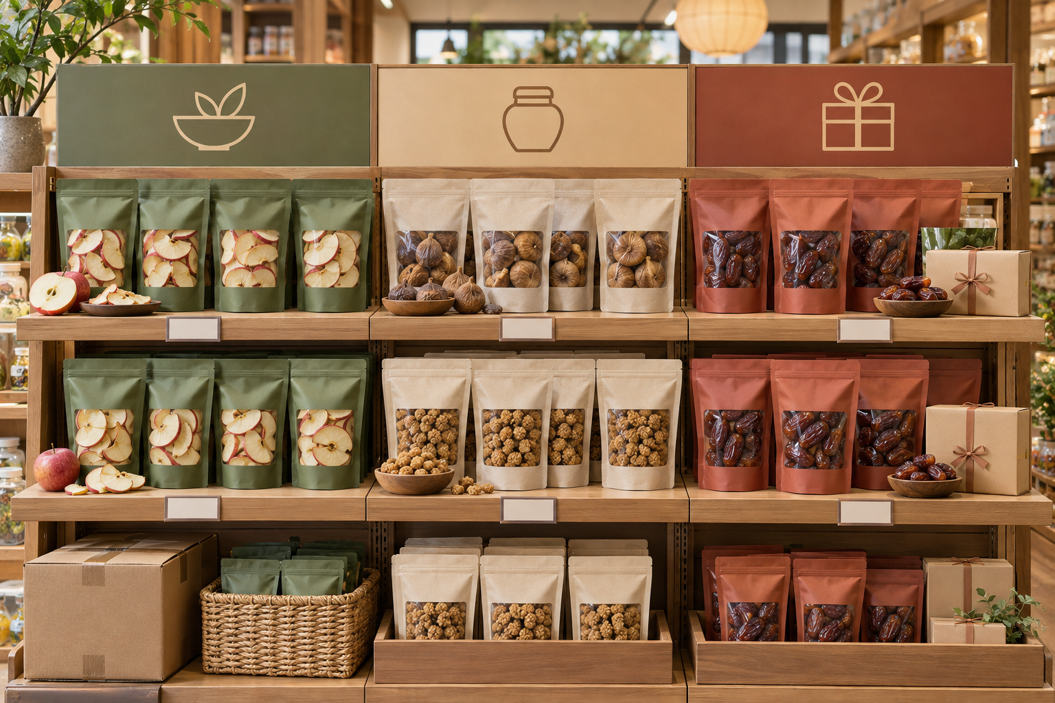 Wholesale dried fruit shelf plan for a U.S. Asian grocery with snack, pantry, and gift zones