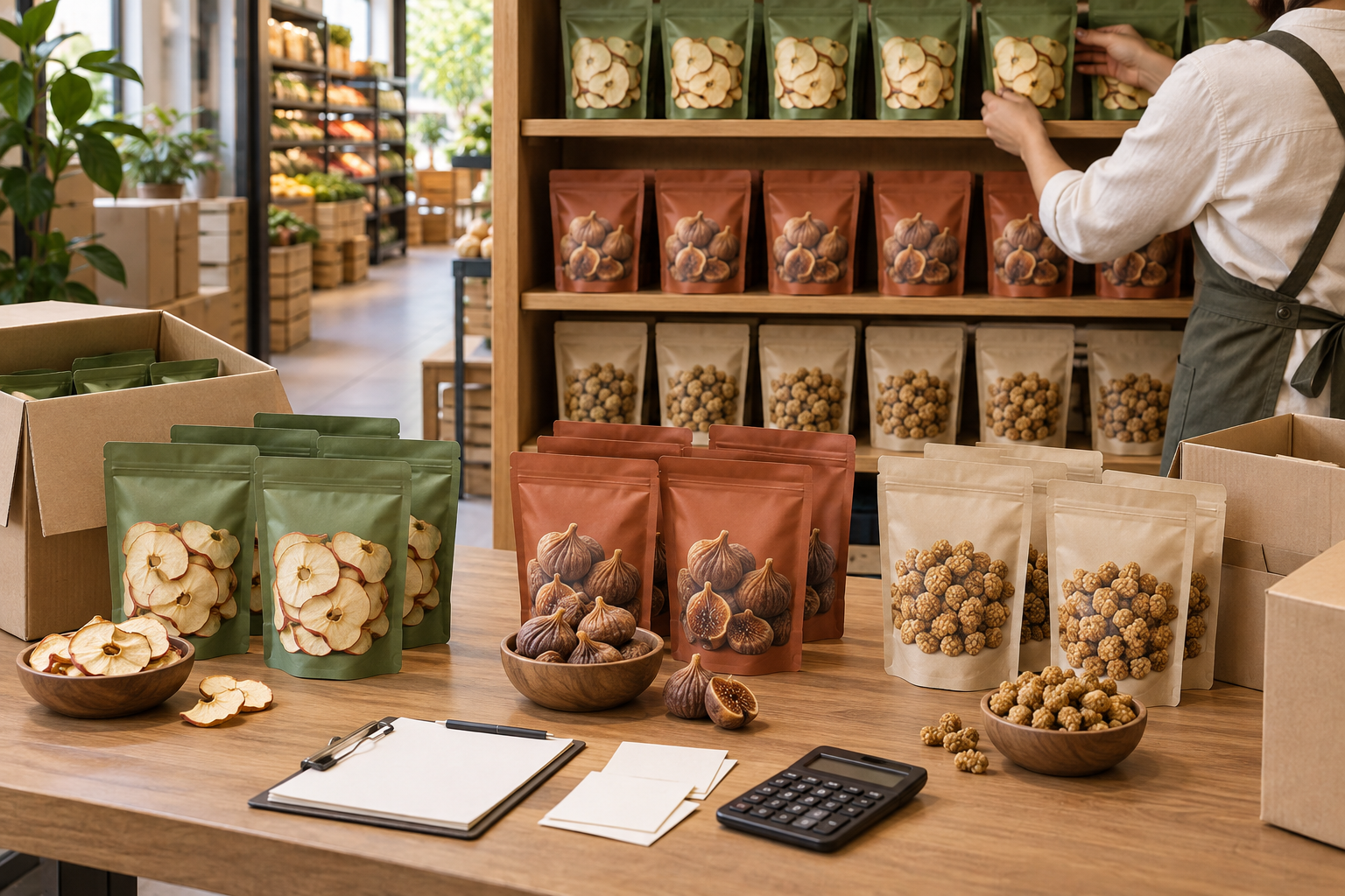 Retail pouches and cartons organized for dried fruit shelf merchandising and replenishment planning
