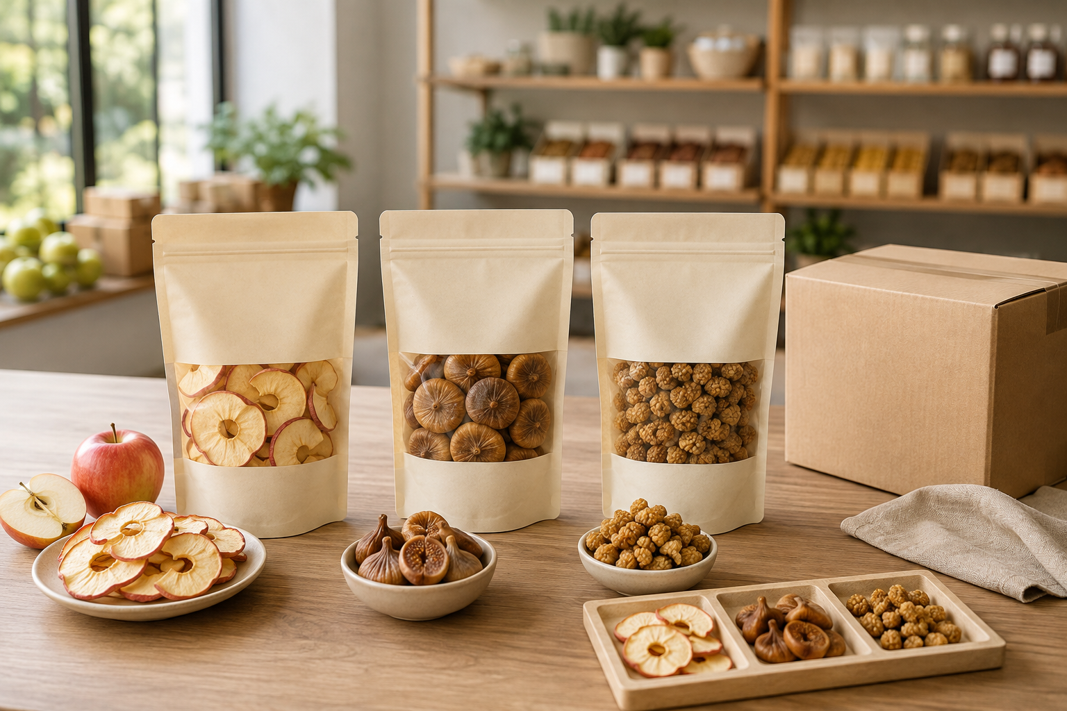 Three-SKU wholesale dried fruit assortment with apple slices, dried figs, and mulberries for U.S. retail buyers