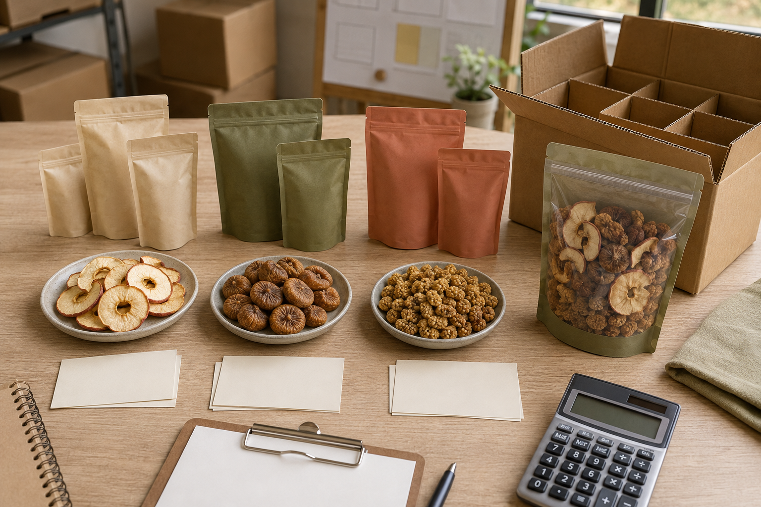 Retail pouches, sample trays, shipping cartons, and three dried fruit SKUs for U.S. assortment planning