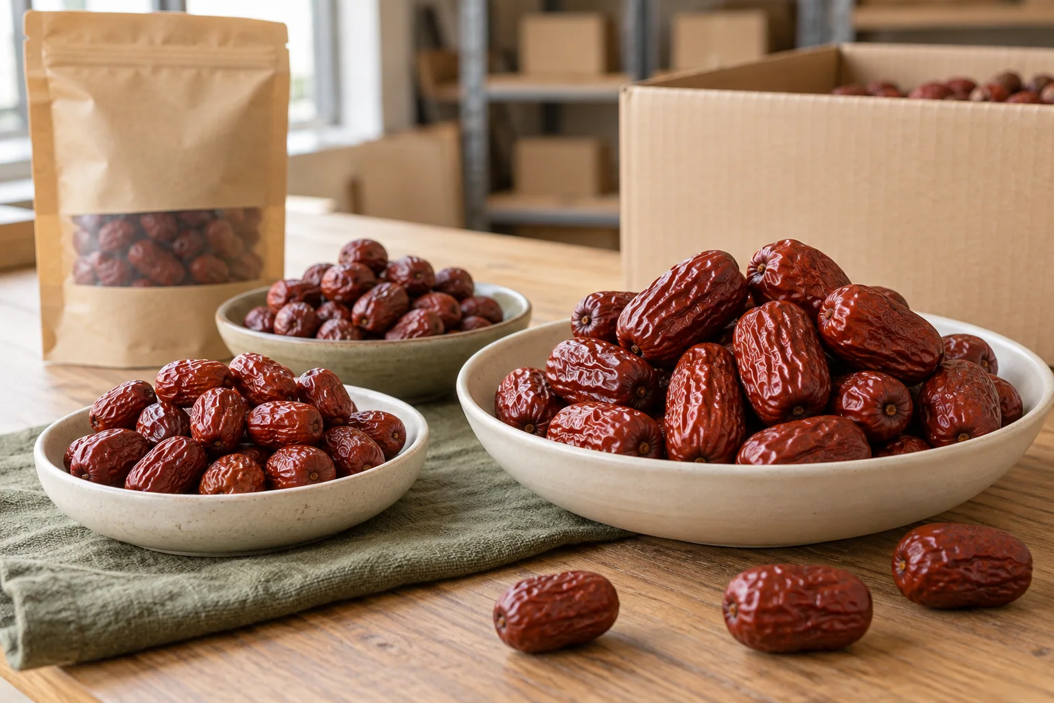 Wholesale Chinese jujube samples sorted by size beside retail packaging
