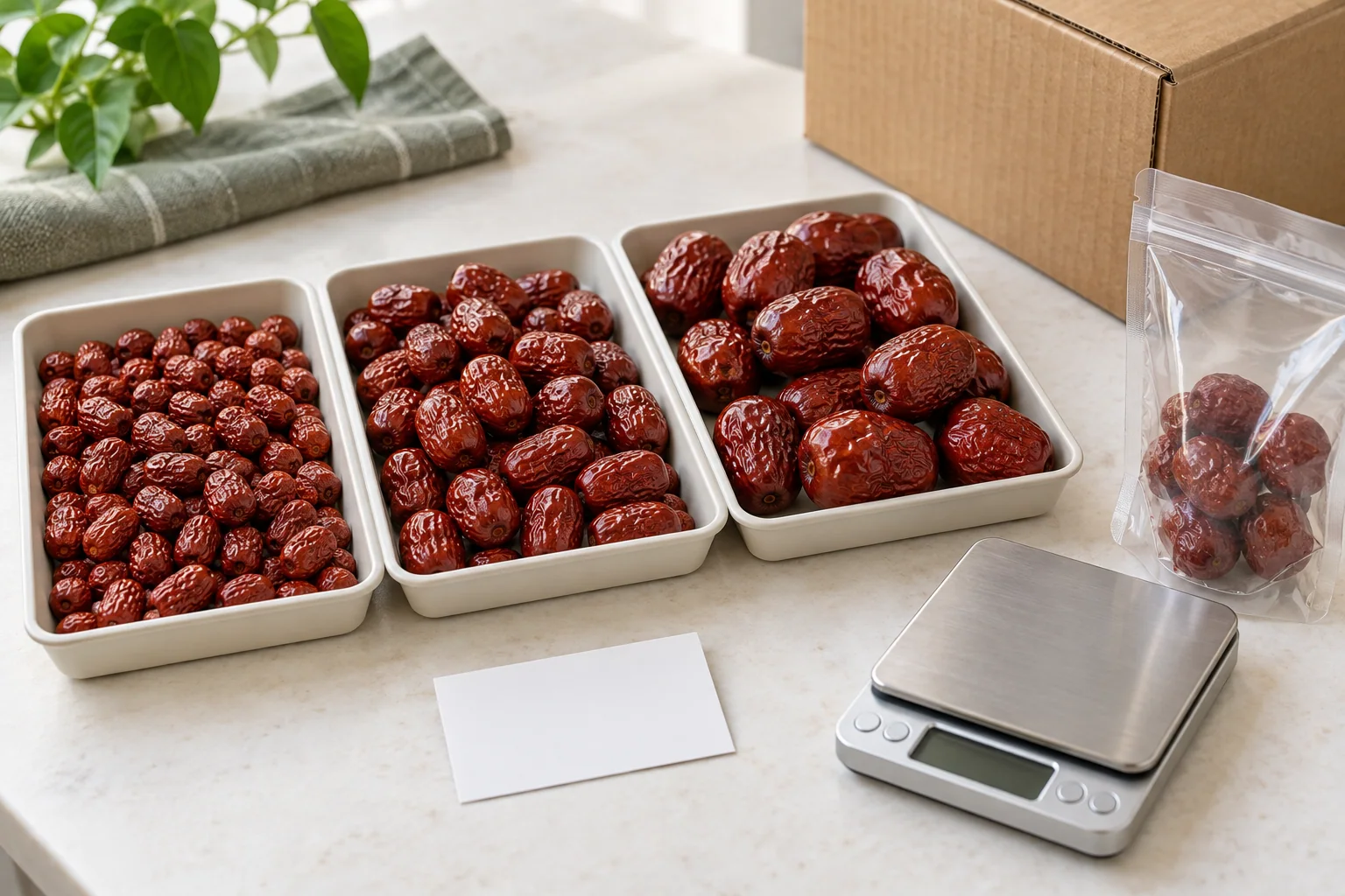 Three size-sorted trays of Chinese red jujubes, a sample pouch, and digital scale for buyer inspection