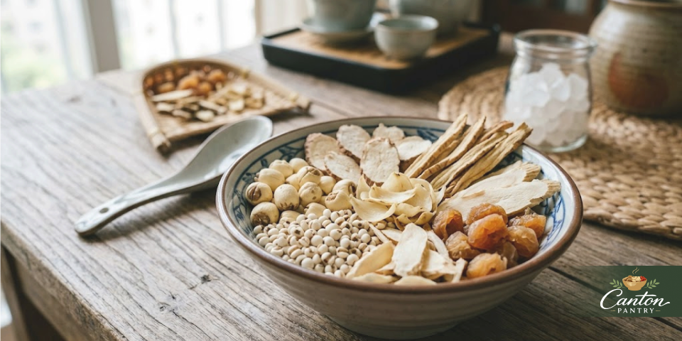 Ching Bo Leung soup ingredients and packaged mix arranged for retail education, including Chinese yam, lotus seeds, and dried pantry items
