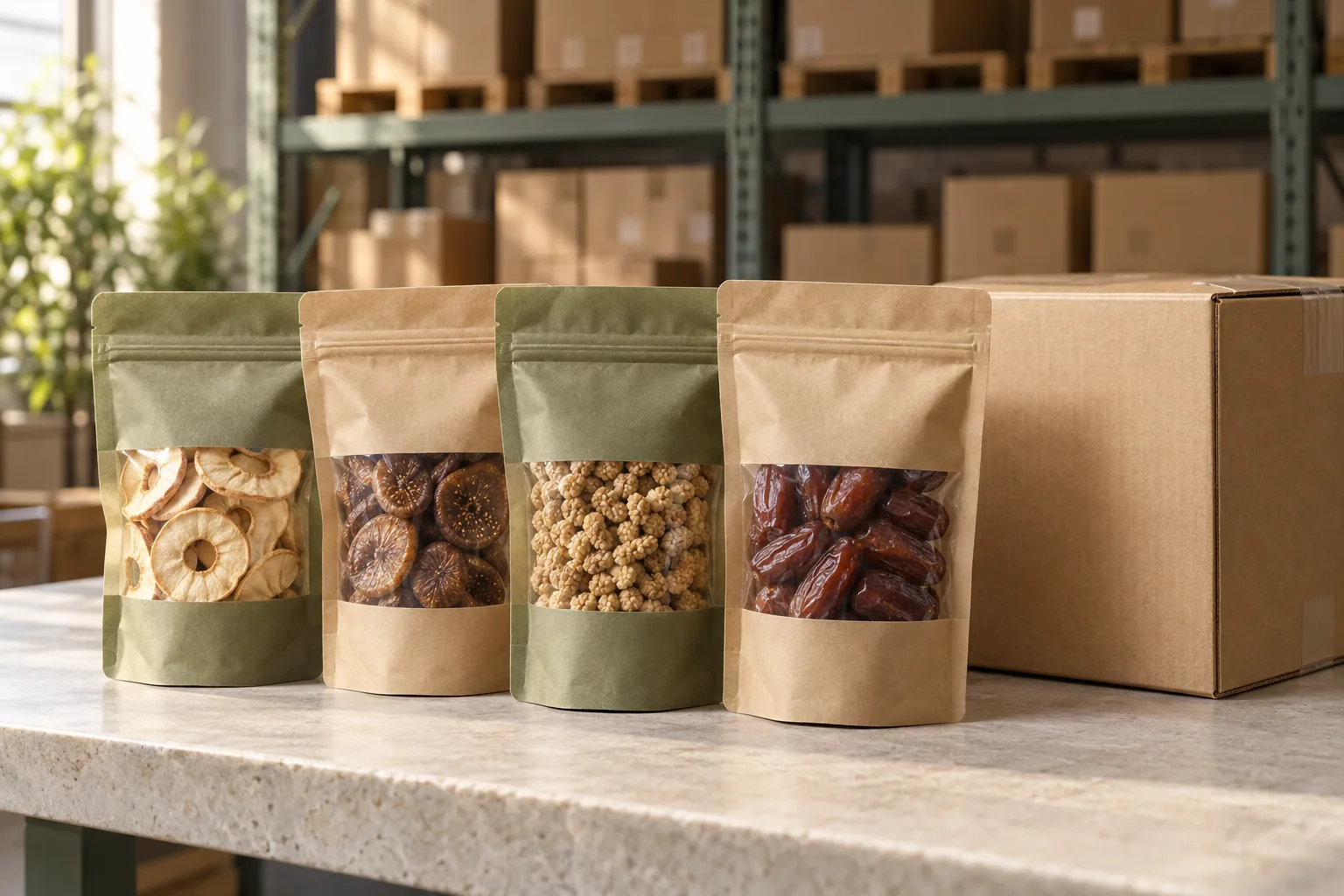 Sealed dried fruit pouches and a shipping carton on a clean bench with warehouse shelving behind
