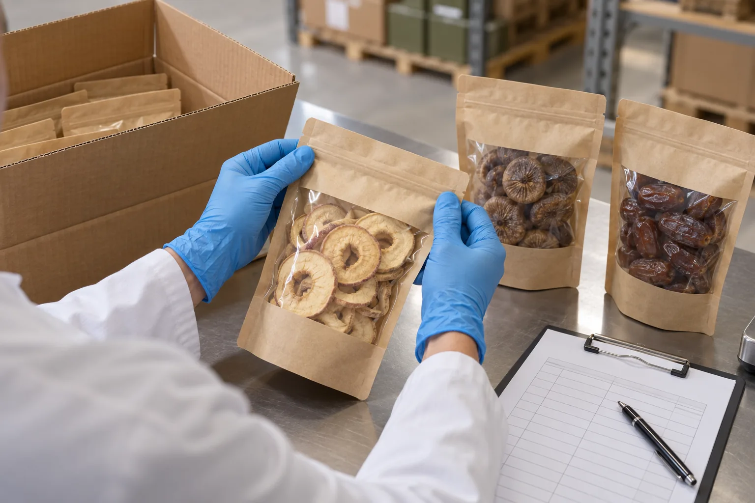 Receiving inspection of sealed dried fruit pouches, carton condition and batch records on a clean worktable
